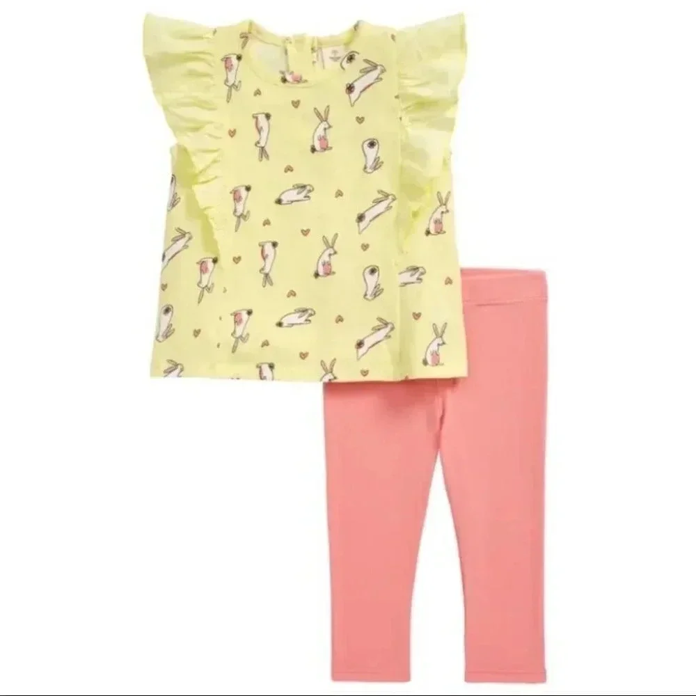 NWT Tucker + Tate pants set yellow flutter sleeve shirt w/ bunnies size 3 months